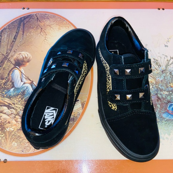 NWOT Sz-3 Youth Vans-Black Suede w/πPrint & Small Studs-4 Grade School Age Kidsπ - Picture 2 of 16